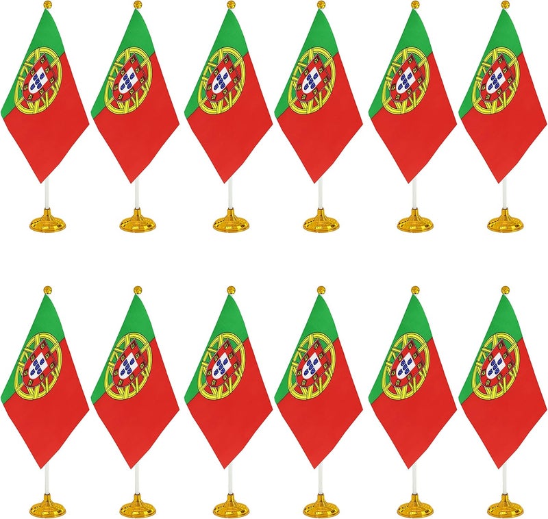 WXTWK 12 Pack Portugal Flag Portuguese Desk Flag Small Mini Portuguese Table Flags With Stand Base,Home Office Festival Events Celebration Decorations - Image 1